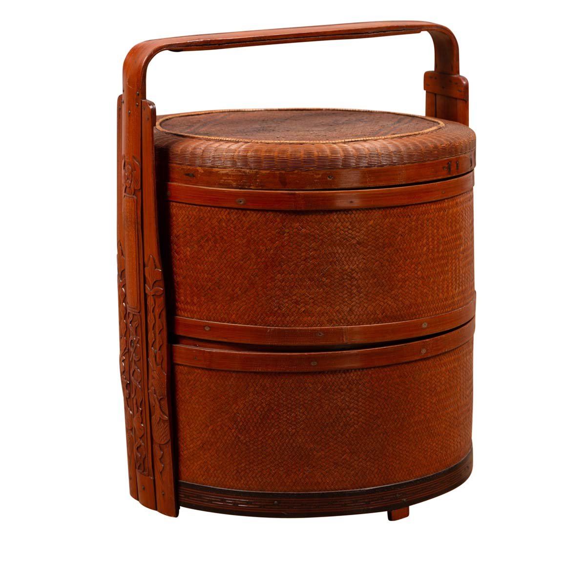 Antique Chinese Rattan Nested Lunch Basket with Carved Handle and Calligraphy-1. Asian & Chinese Furniture, Art, Antiques, Vintage Home Décor for sale at FEA Home