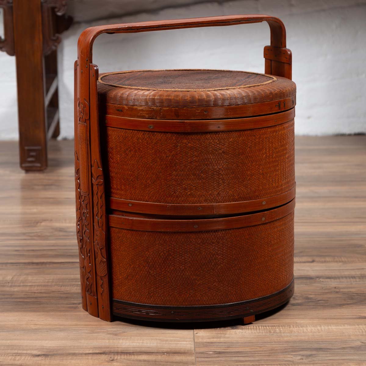 Antique Chinese Rattan Nested Lunch Basket with Carved Handle and Calligraphy-2. Asian & Chinese Furniture, Art, Antiques, Vintage Home Décor for sale at FEA Home