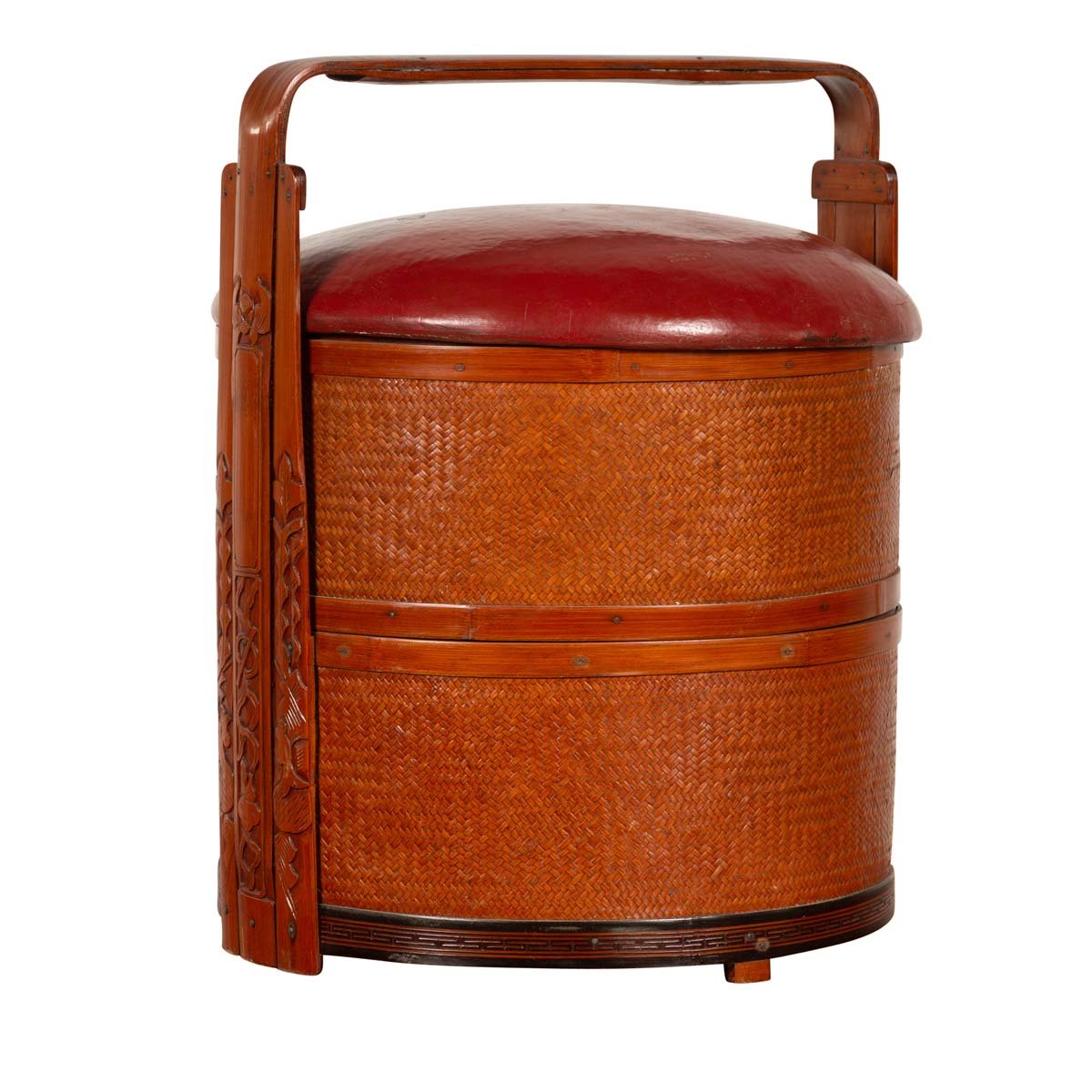 Antique Chinese Rattan Tiered Wedding Basket with Carved Handle and Red Top-1. Asian & Chinese Furniture, Art, Antiques, Vintage Home Décor for sale at FEA Home