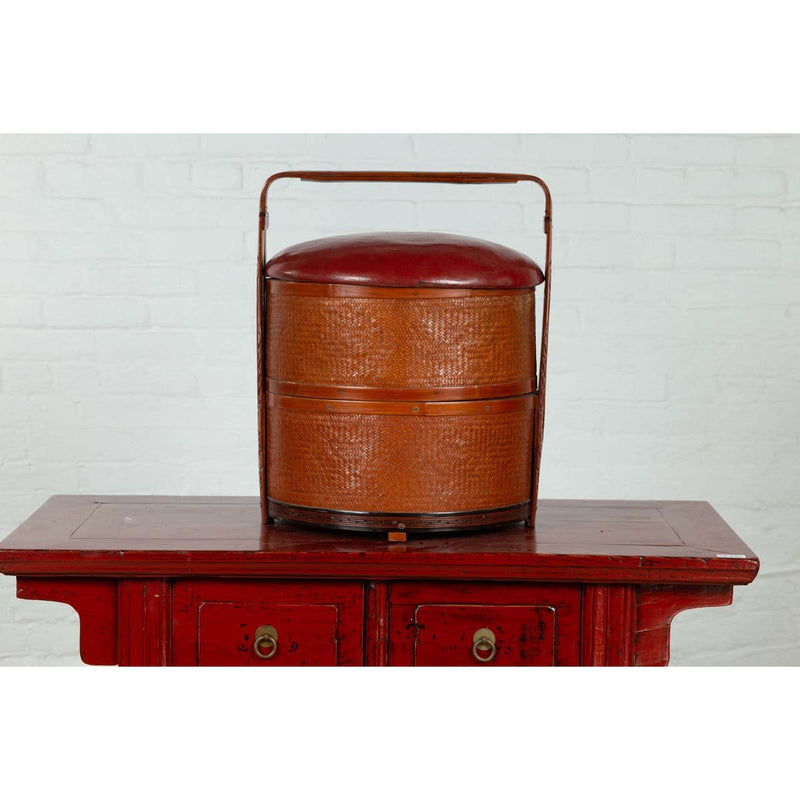 Antique Chinese Rattan Tiered Wedding Basket with Carved Handle and Red Top-YN6484-4. Asian & Chinese Furniture, Art, Antiques, Vintage Home Décor for sale at FEA Home