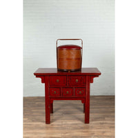 Antique Chinese Rattan Tiered Wedding Basket with Carved Handle and Red Top