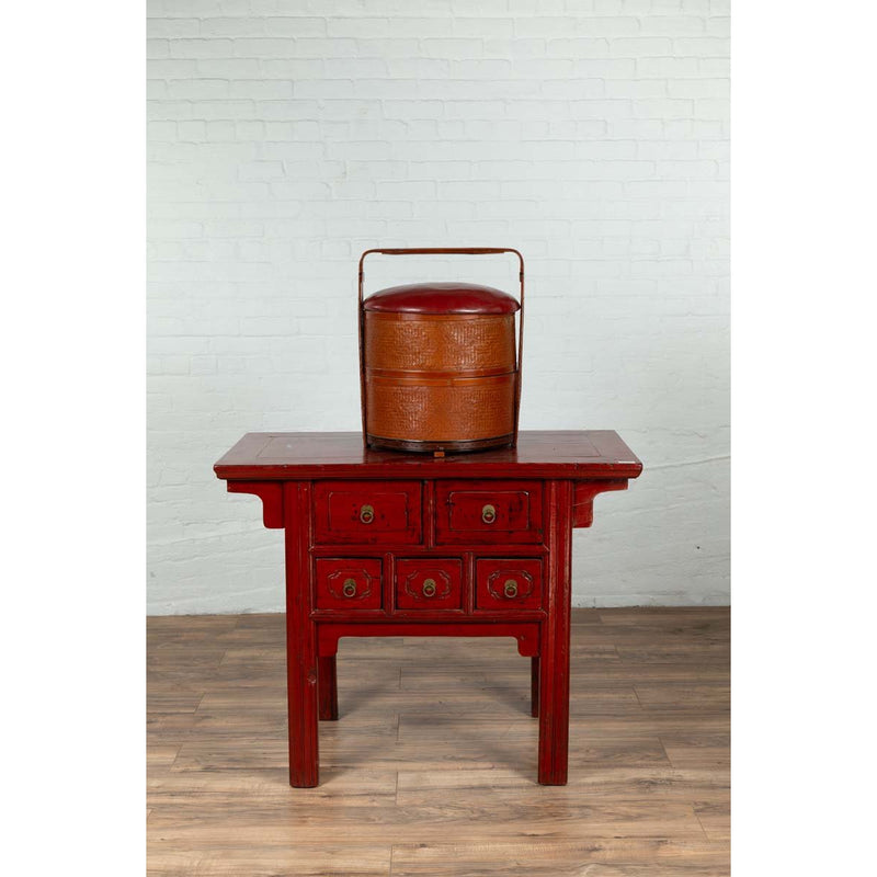 Antique Chinese Rattan Tiered Wedding Basket with Carved Handle and Red Top-YN6484-5. Asian & Chinese Furniture, Art, Antiques, Vintage Home Décor for sale at FEA Home