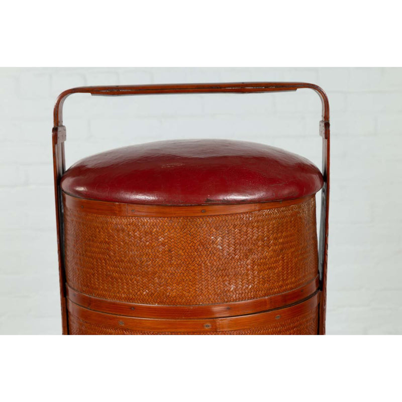Antique Chinese Rattan Tiered Wedding Basket with Carved Handle and Red Top-YN6484-6. Asian & Chinese Furniture, Art, Antiques, Vintage Home Décor for sale at FEA Home