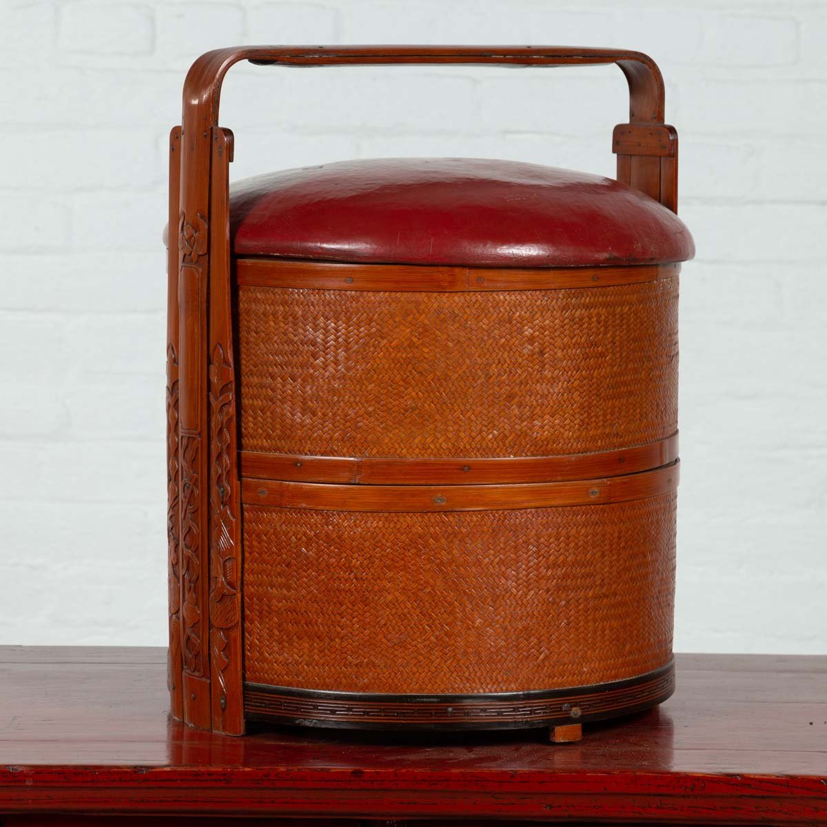 Antique Chinese Rattan Tiered Wedding Basket with Carved Handle and Red Top-2. Asian & Chinese Furniture, Art, Antiques, Vintage Home Décor for sale at FEA Home