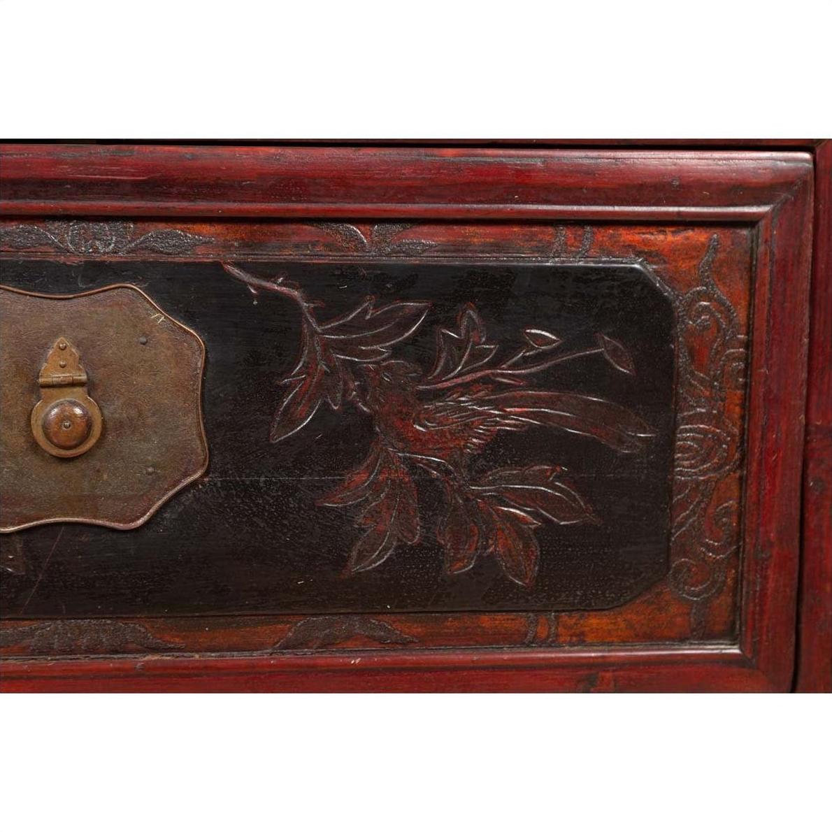 Antique Chinese Red and Black Lacquered Three-Section Chest with Carved Figures-11. Asian &amp; Chinese Furniture, Art, Antiques, Vintage Home Décor for sale at FEA Home