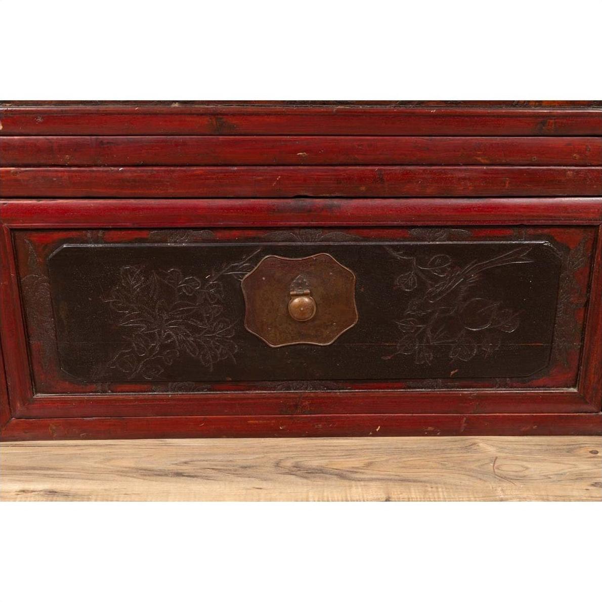 Antique Chinese Red and Black Lacquered Three-Section Chest with Carved Figures-12. Asian &amp; Chinese Furniture, Art, Antiques, Vintage Home Décor for sale at FEA Home