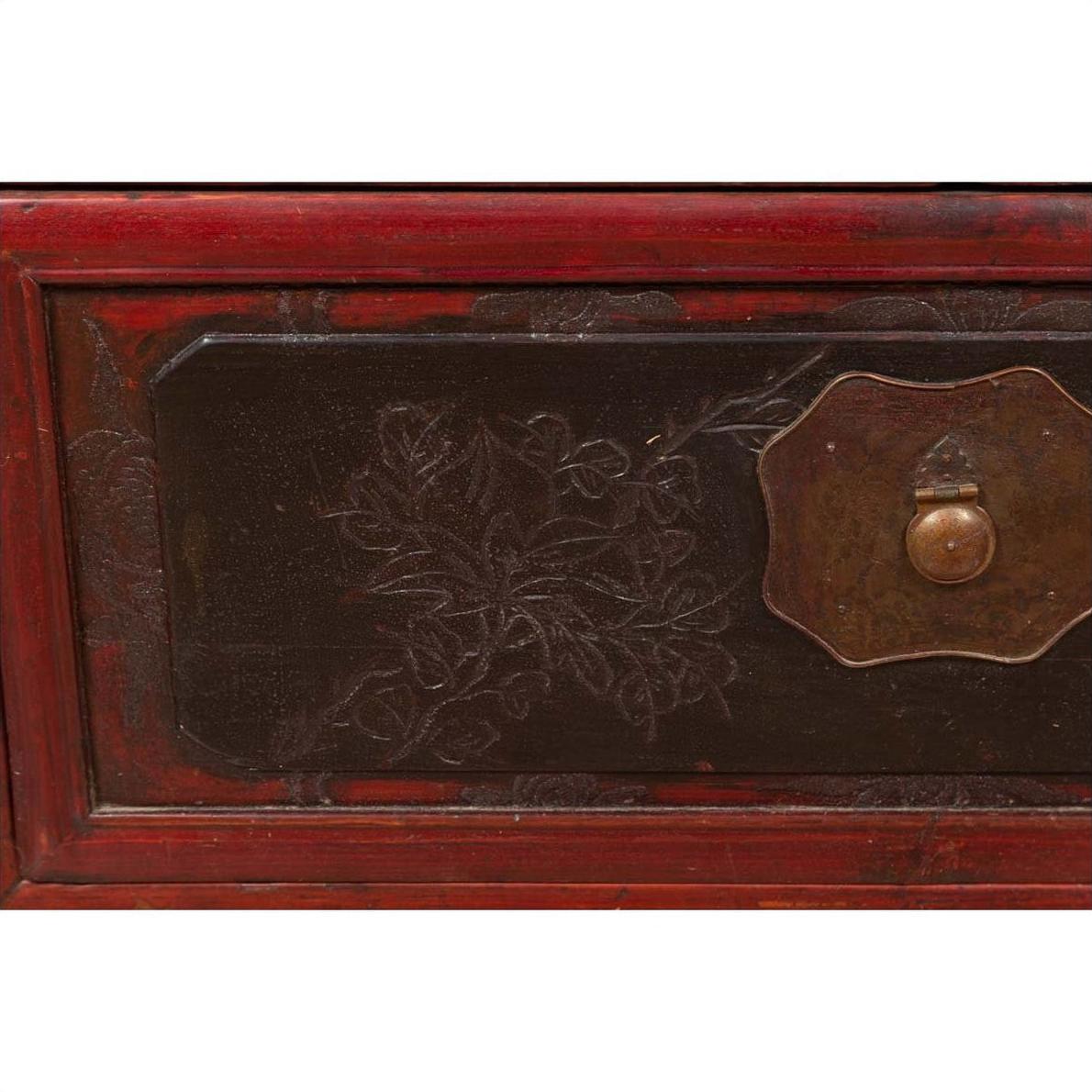 Antique Chinese Red and Black Lacquered Three-Section Chest with Carved Figures-13. Asian &amp; Chinese Furniture, Art, Antiques, Vintage Home Décor for sale at FEA Home