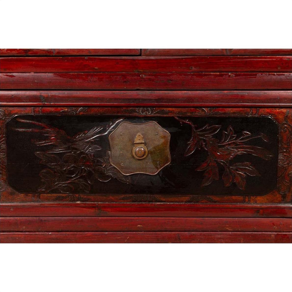 Antique Chinese Red and Black Lacquered Three-Section Chest with Carved Figures-15. Asian &amp; Chinese Furniture, Art, Antiques, Vintage Home Décor for sale at FEA Home