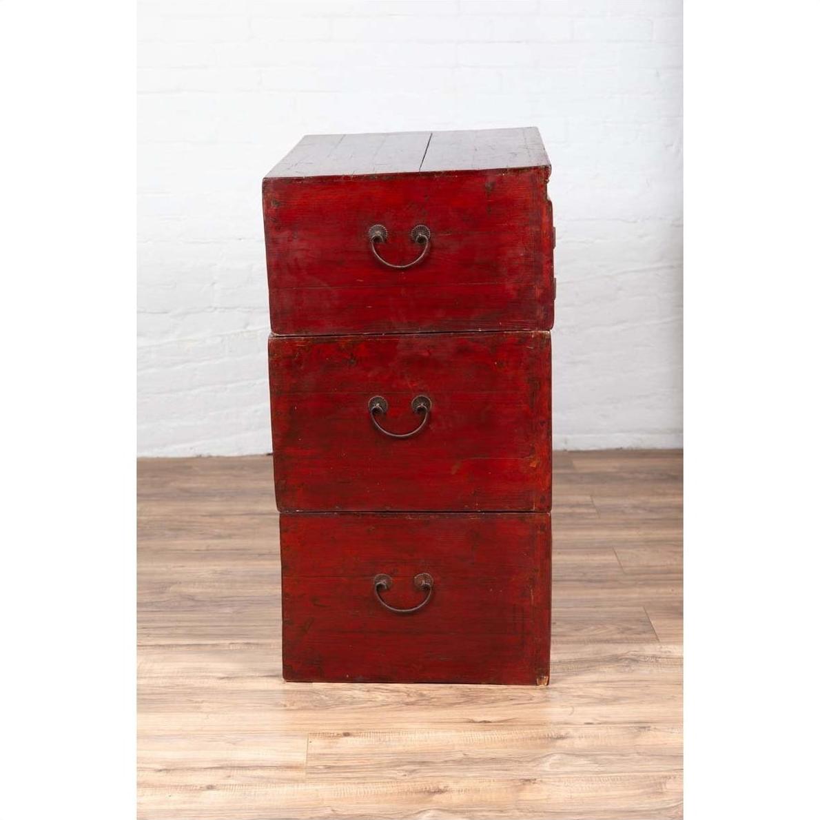 Antique Chinese Red and Black Lacquered Three-Section Chest with Carved Figures-18. Asian &amp; Chinese Furniture, Art, Antiques, Vintage Home Décor for sale at FEA Home
