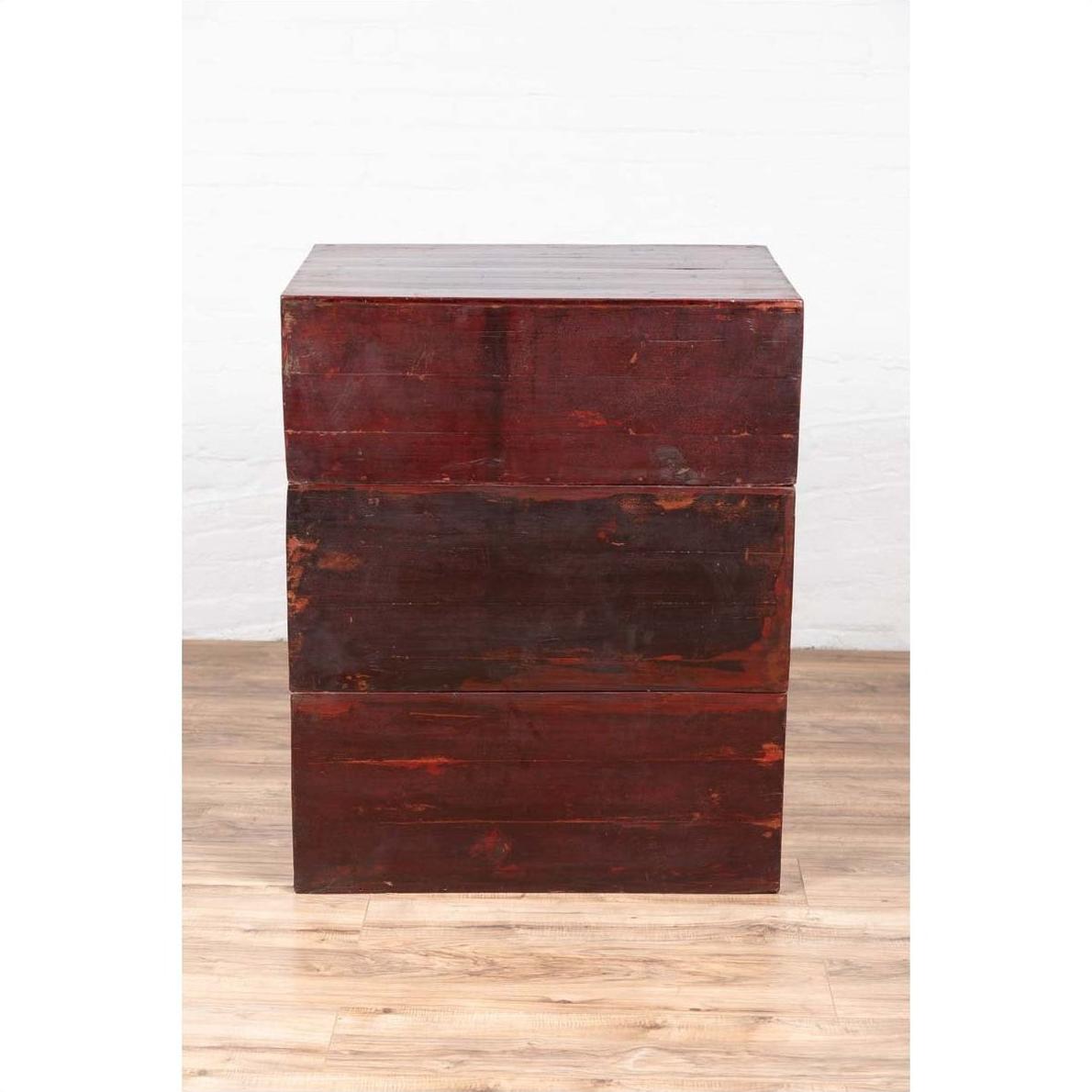 Antique Chinese Red and Black Lacquered Three-Section Chest with Carved Figures-19. Asian &amp; Chinese Furniture, Art, Antiques, Vintage Home Décor for sale at FEA Home