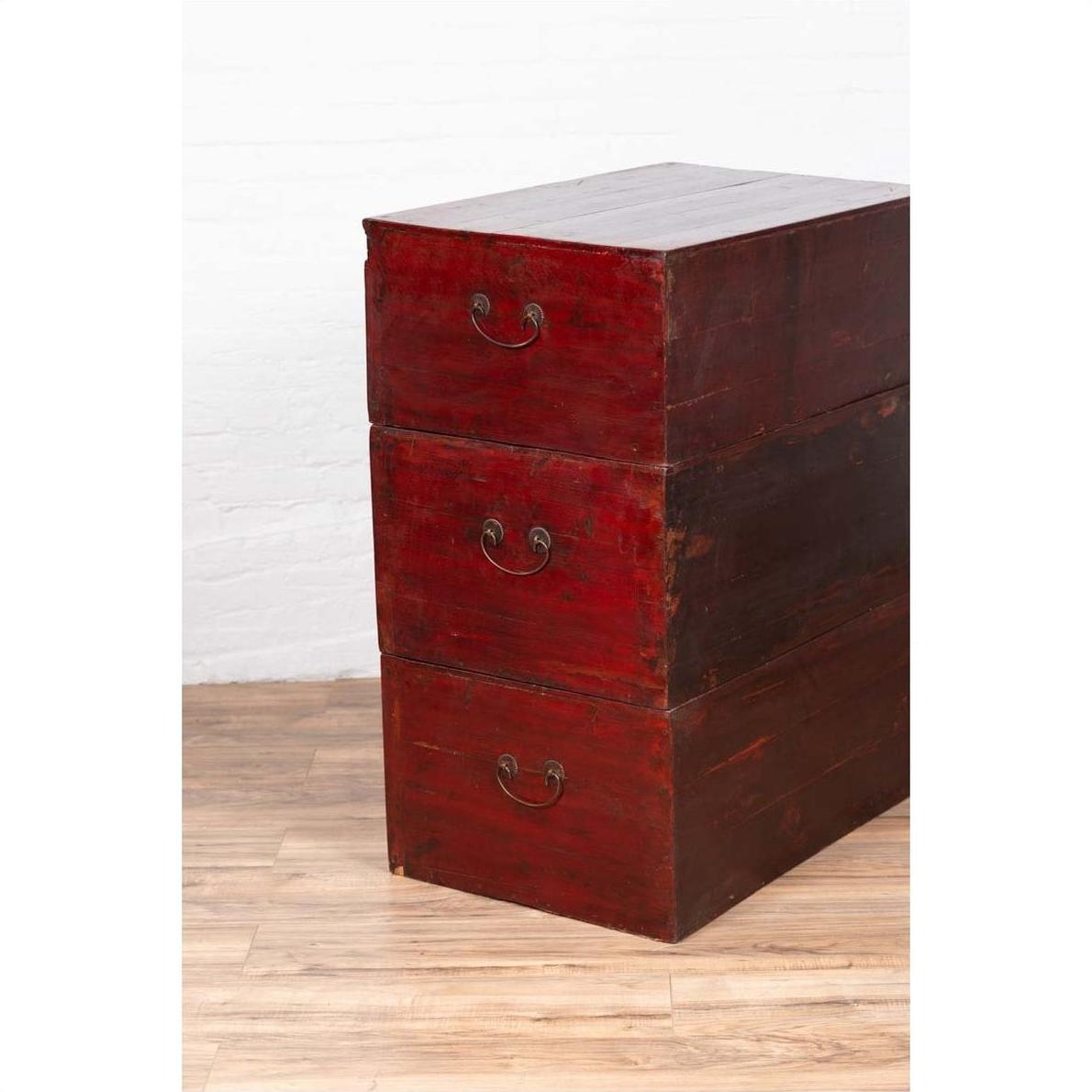 Antique Chinese Red and Black Lacquered Three-Section Chest with Carved Figures-20. Asian &amp; Chinese Furniture, Art, Antiques, Vintage Home Décor for sale at FEA Home