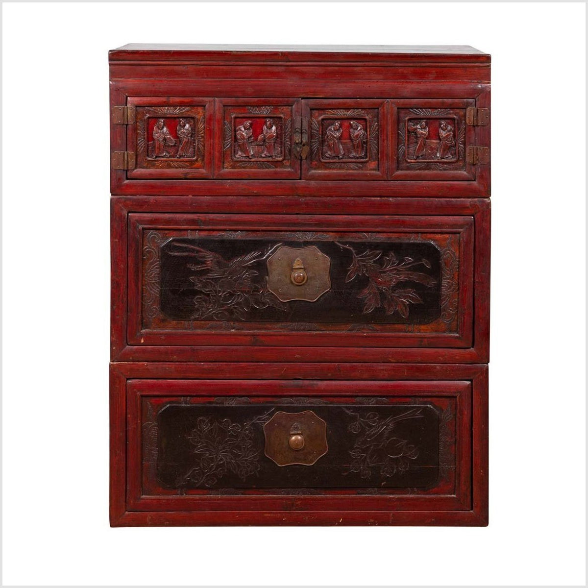 Antique Chinese Red and Black Lacquered Three-Section Chest with Carved Figures-1. Asian & Chinese Furniture, Art, Antiques, Vintage Home Décor for sale at FEA Home