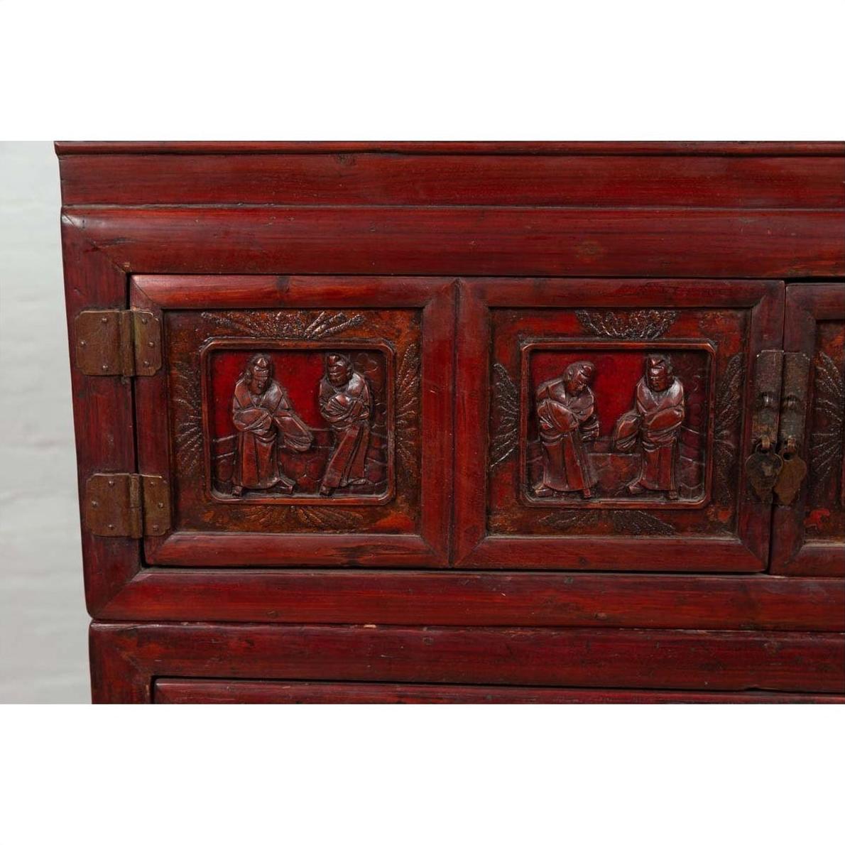 Antique Chinese Red and Black Lacquered Three-Section Chest with Carved Figures-6. Asian &amp; Chinese Furniture, Art, Antiques, Vintage Home Décor for sale at FEA Home