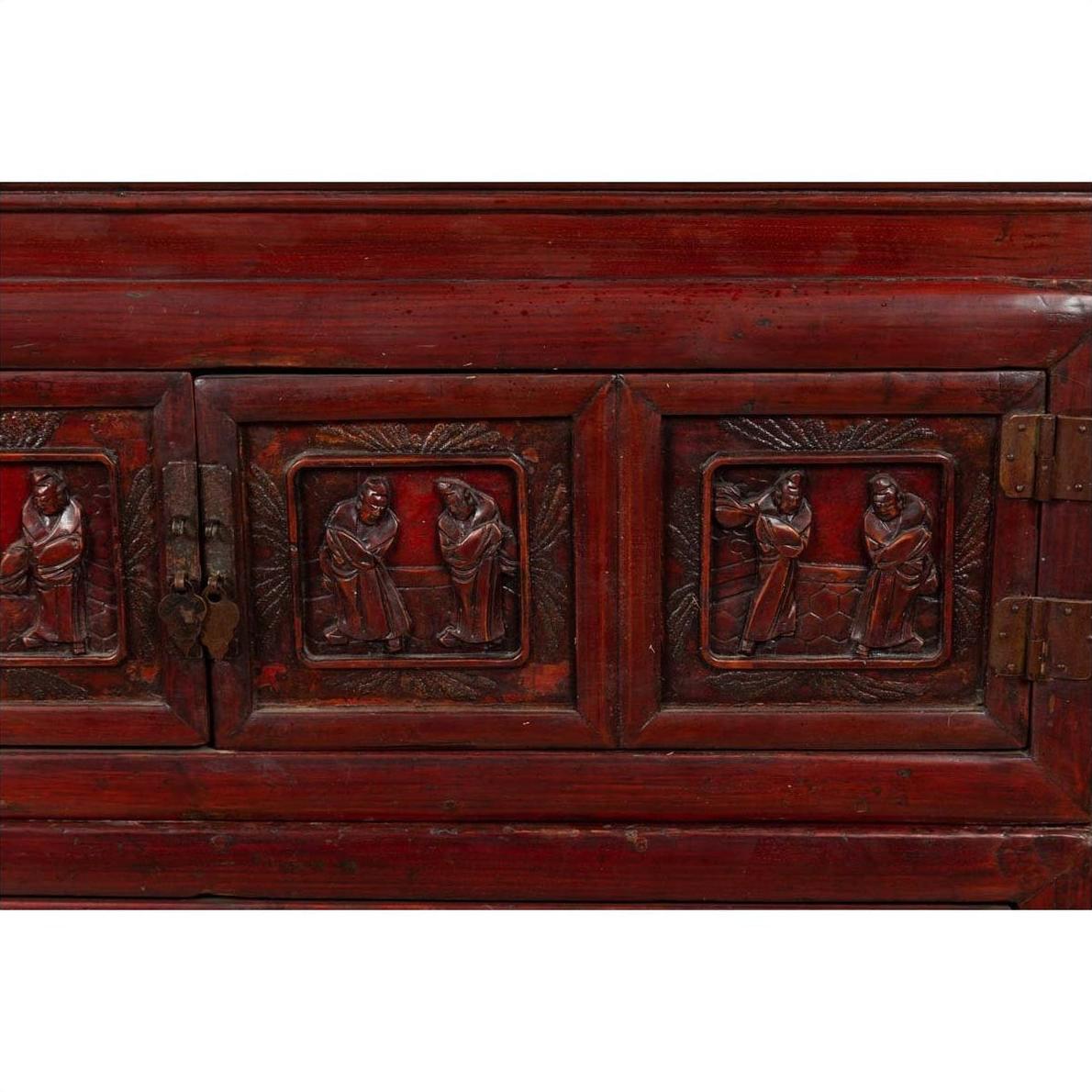 Antique Chinese Red and Black Lacquered Three-Section Chest with Carved Figures-7. Asian &amp; Chinese Furniture, Art, Antiques, Vintage Home Décor for sale at FEA Home