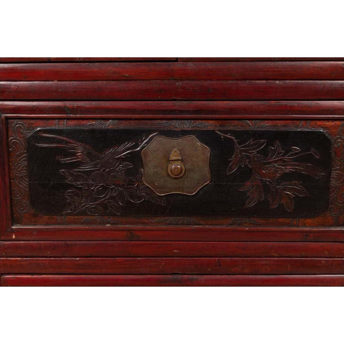 Antique Chinese Red and Black Lacquered Three-Section Chest with Carved Figures-8. Asian &amp; Chinese Furniture, Art, Antiques, Vintage Home Décor for sale at FEA Home