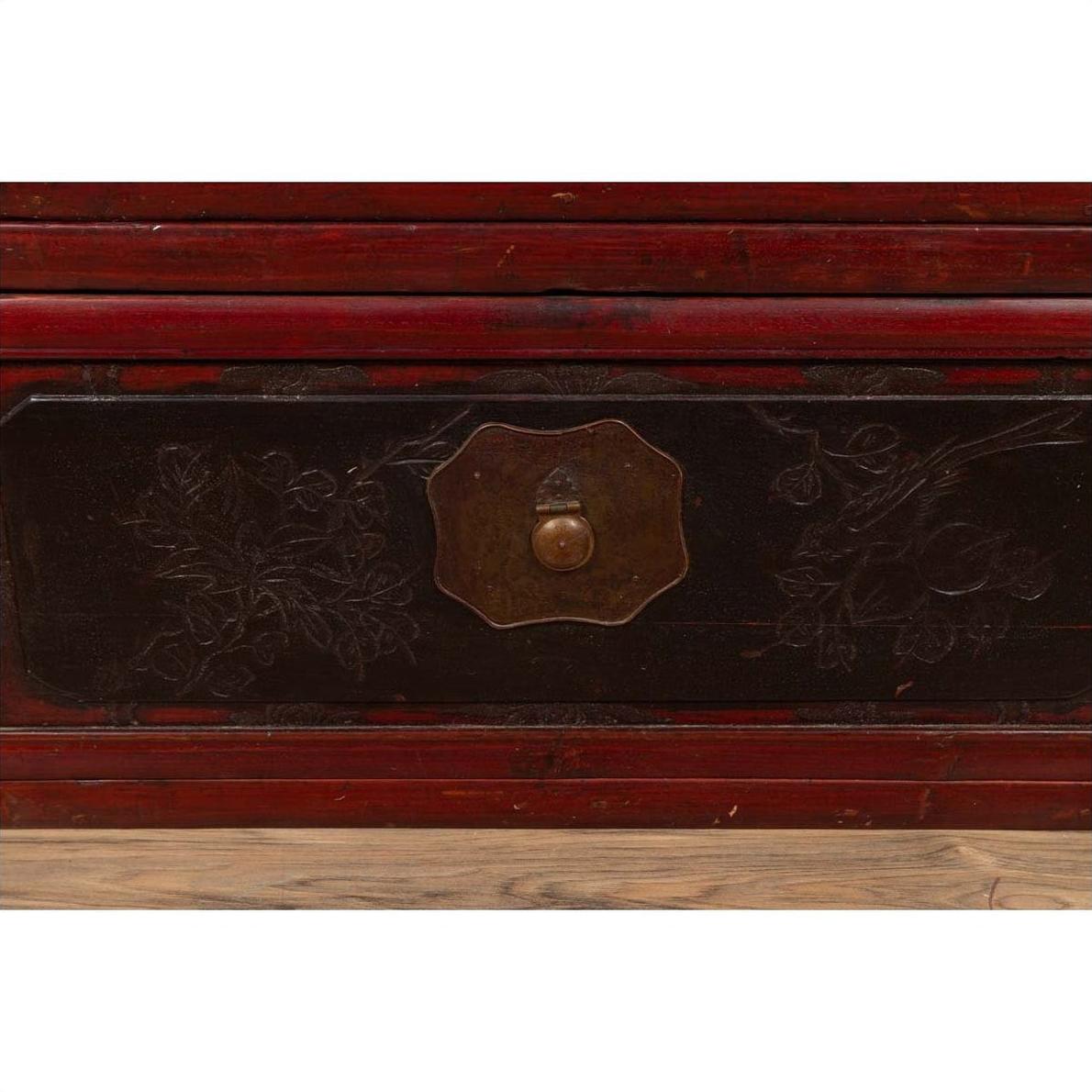 Antique Chinese Red and Black Lacquered Three-Section Chest with Carved Figures-9. Asian &amp; Chinese Furniture, Art, Antiques, Vintage Home Décor for sale at FEA Home
