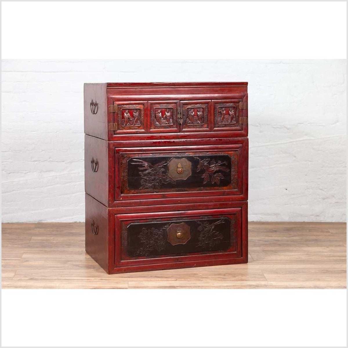 Antique Chinese Red and Black Lacquered Three-Section Chest with Carved Figures-2. Asian & Chinese Furniture, Art, Antiques, Vintage Home Décor for sale at FEA Home
