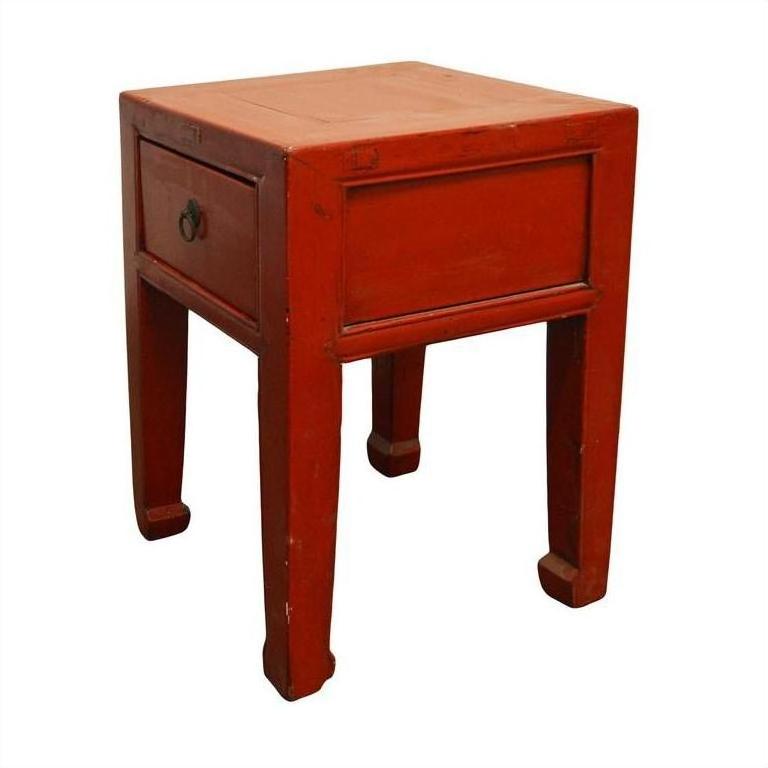 Red lacquered wood Chinese side table with one drawer and square horse-leg style legs, antique finish.