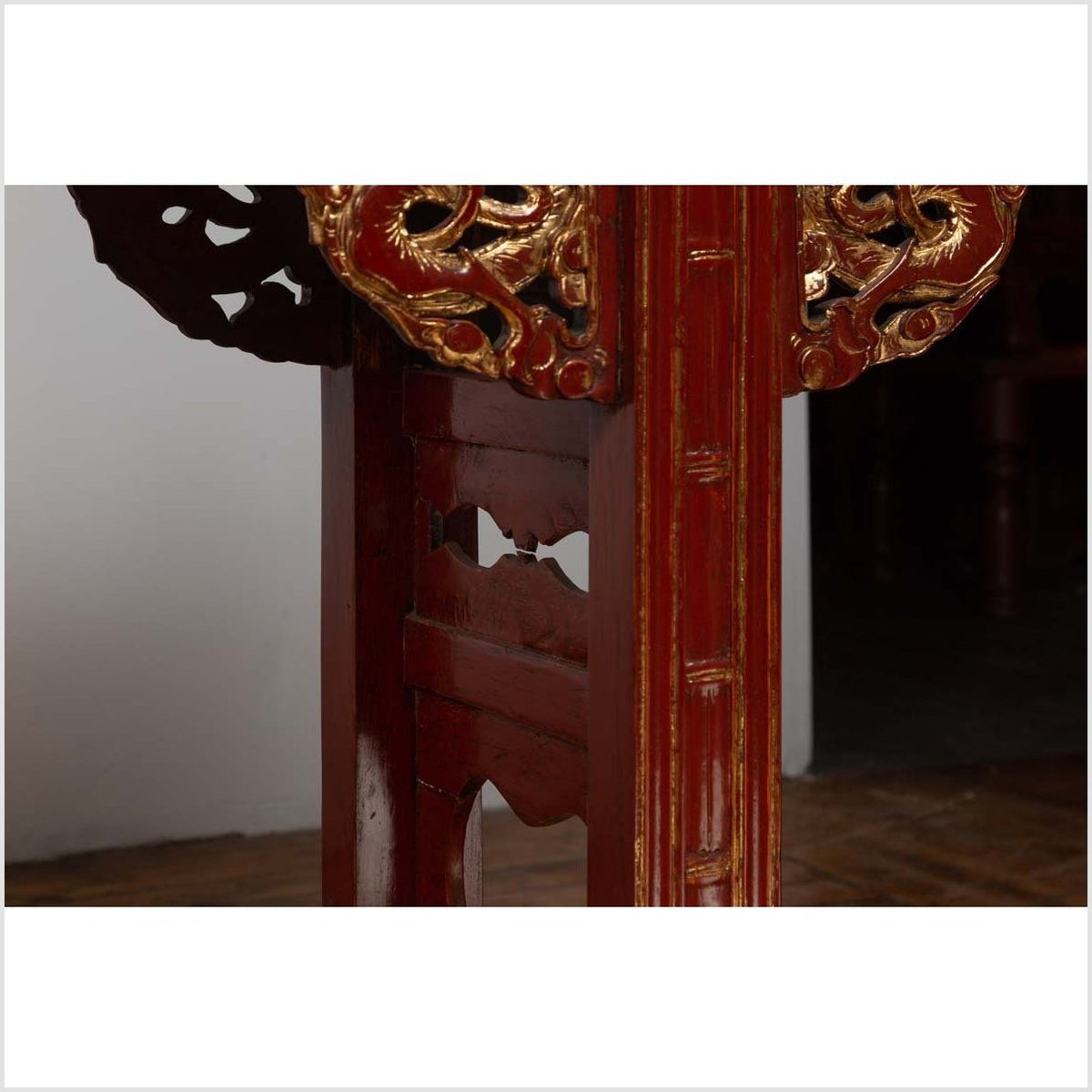 Antique Chinese Red Lacquered Console Table with Gilt Accents and Carved Apron-12. Asian &amp; Chinese Furniture, Art, Antiques, Vintage Home Décor for sale at FEA Home