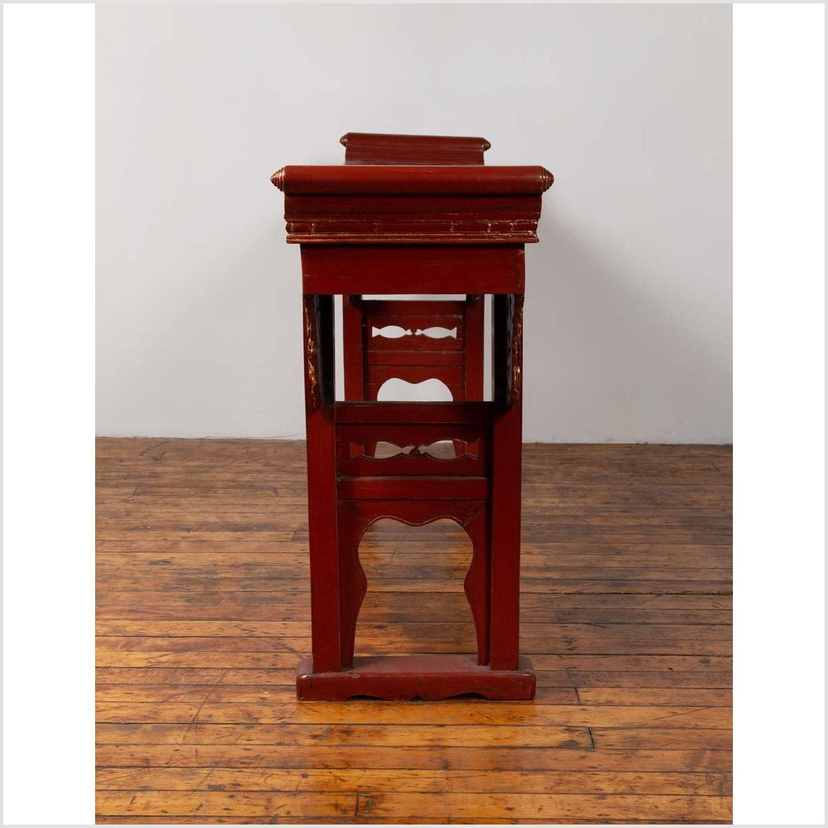Antique Chinese Red Lacquered Console Table with Gilt Accents and Carved Apron-13. Asian &amp; Chinese Furniture, Art, Antiques, Vintage Home Décor for sale at FEA Home