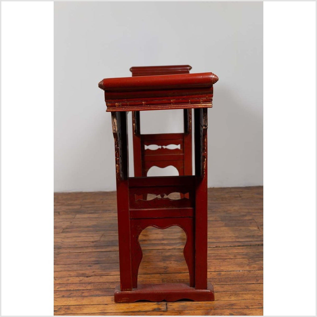 Antique Chinese Red Lacquered Console Table with Gilt Accents and Carved Apron-15. Asian &amp; Chinese Furniture, Art, Antiques, Vintage Home Décor for sale at FEA Home
