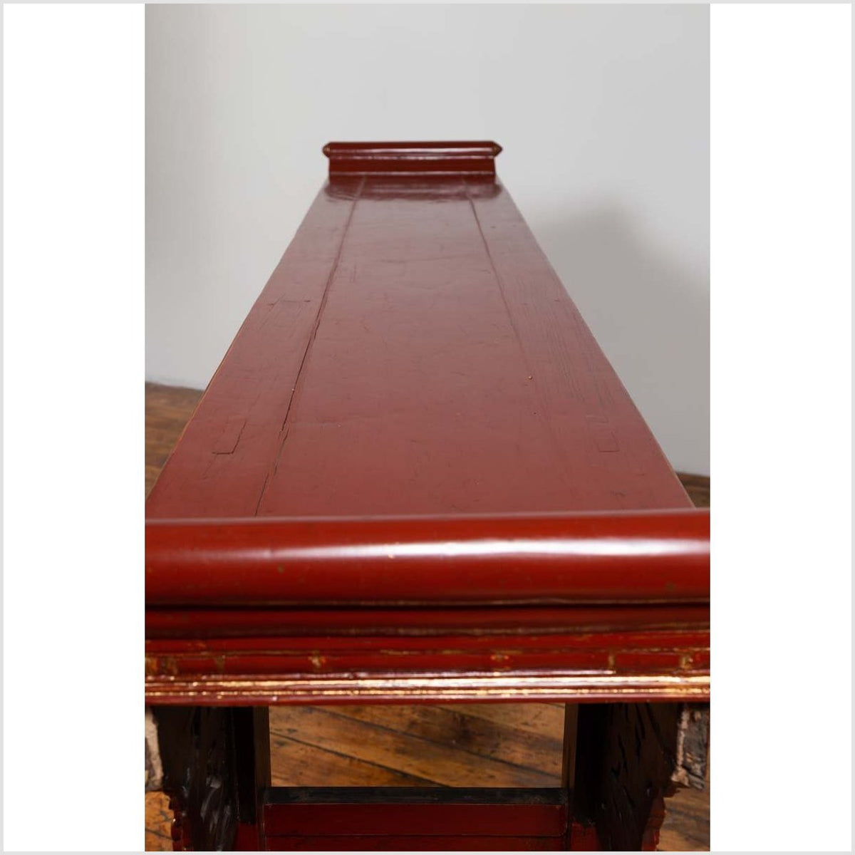 Antique Chinese Red Lacquered Console Table with Gilt Accents and Carved Apron-16. Asian &amp; Chinese Furniture, Art, Antiques, Vintage Home Décor for sale at FEA Home