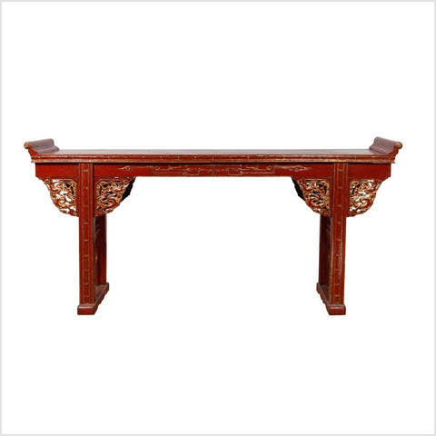 Antique Chinese Red Lacquered Console Table with Gilt Accents and Carved Apron-YN6445-1. Asian & Chinese Furniture, Art, Antiques, Vintage Home Décor for sale at FEA Home
