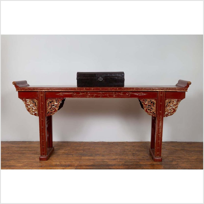 Antique Chinese Red Lacquered Console Table with Gilt Accents and Carved Apron-YN6445-3. Asian & Chinese Furniture, Art, Antiques, Vintage Home Décor for sale at FEA Home