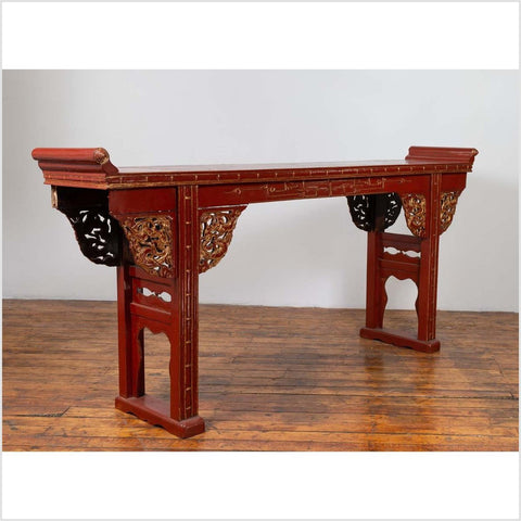 Antique Chinese Red Lacquered Console Table with Gilt Accents and Carved Apron-YN6445-4. Asian & Chinese Furniture, Art, Antiques, Vintage Home Décor for sale at FEA Home