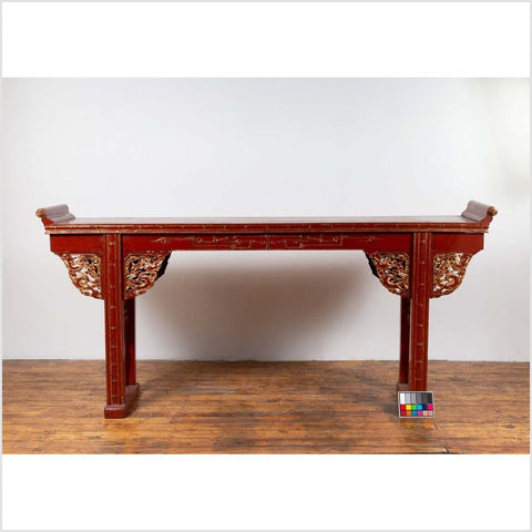 Antique Chinese Red Lacquered Console Table with Gilt Accents and Carved Apron-YN6445-5. Asian & Chinese Furniture, Art, Antiques, Vintage Home Décor for sale at FEA Home