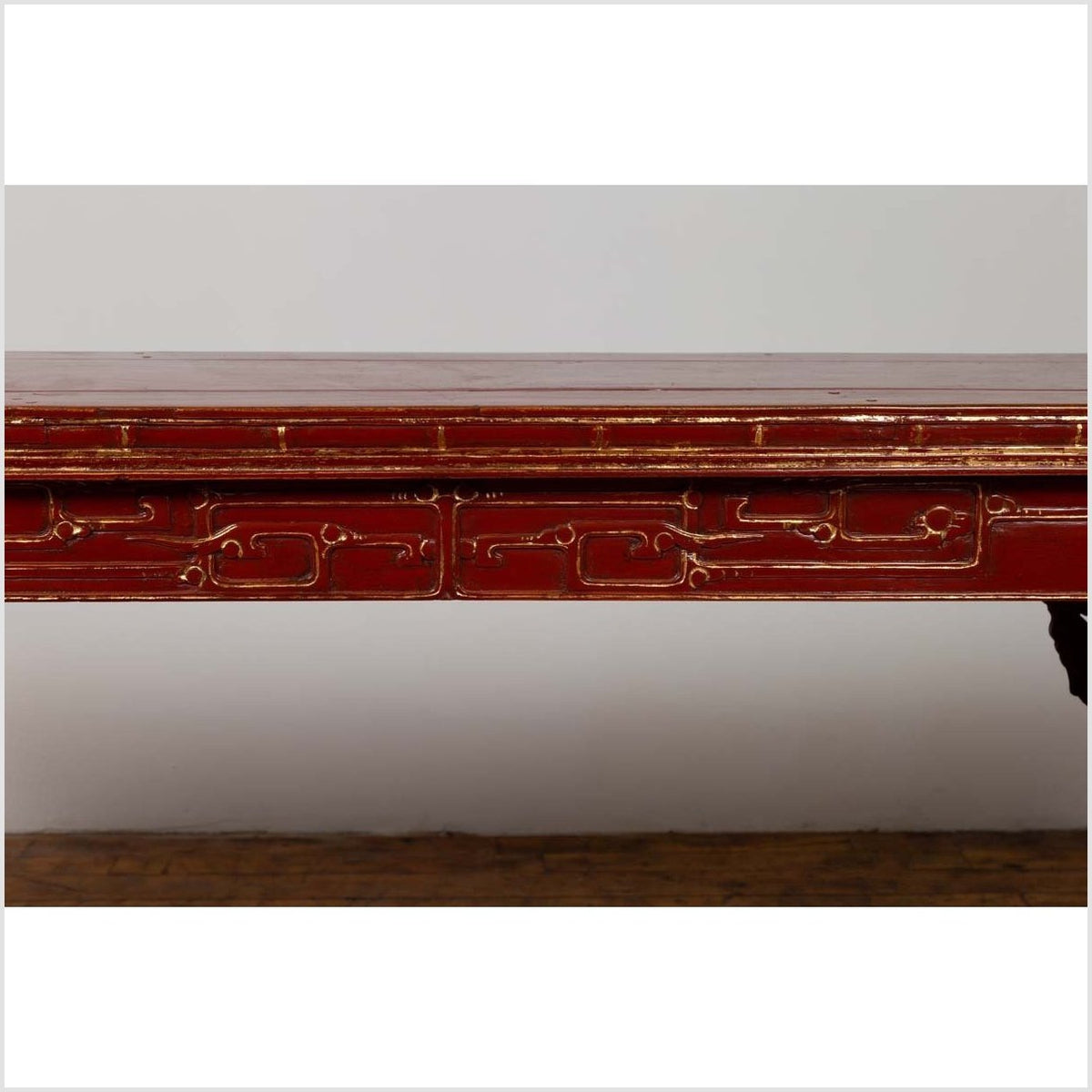 Antique Chinese Red Lacquered Console Table with Gilt Accents and Carved Apron-7. Asian &amp; Chinese Furniture, Art, Antiques, Vintage Home Décor for sale at FEA Home