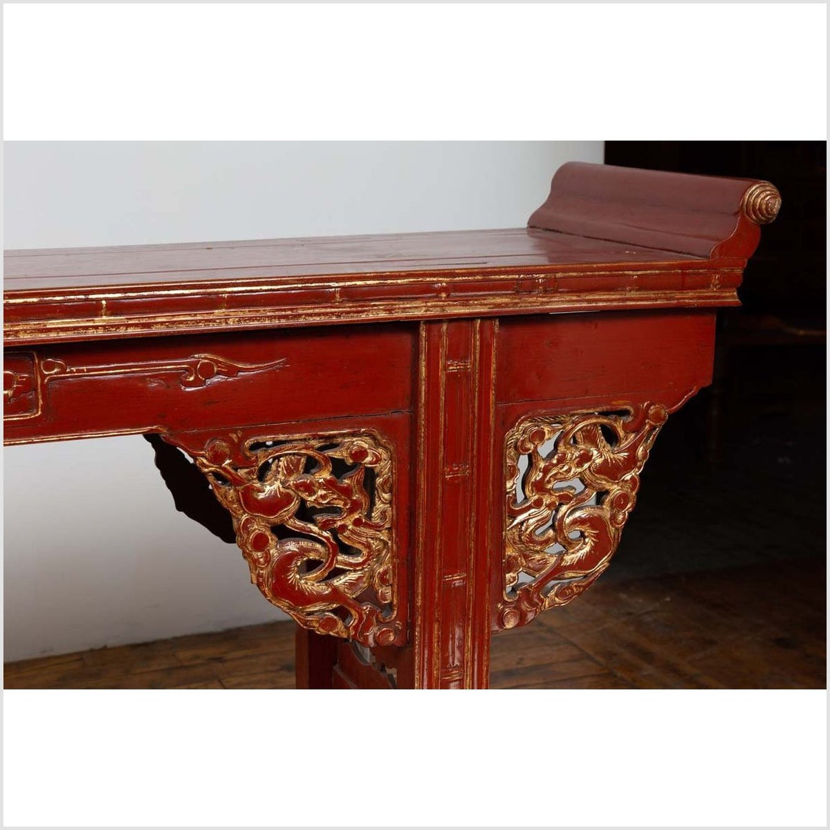 Antique Chinese Red Lacquered Console Table with Gilt Accents and Carved Apron-8. Asian &amp; Chinese Furniture, Art, Antiques, Vintage Home Décor for sale at FEA Home