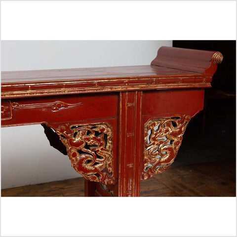 Antique Chinese Red Lacquered Console Table with Gilt Accents and Carved Apron-YN6445-8. Asian & Chinese Furniture, Art, Antiques, Vintage Home Décor for sale at FEA Home