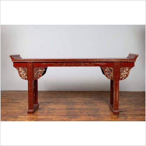Antique Chinese Red Lacquered Console Table with Gilt Accents and Carved Apron-YN6445-9. Asian & Chinese Furniture, Art, Antiques, Vintage Home Décor for sale at FEA Home