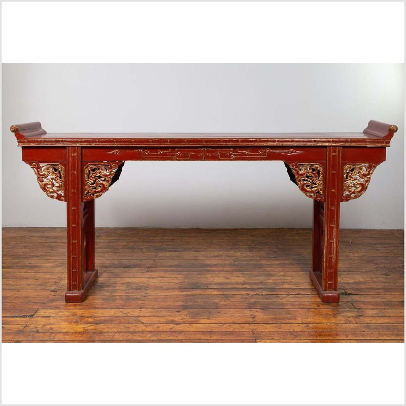 Antique Chinese Red Lacquered Console Table with Gilt Accents and Carved Apron-YN6445-2. Asian & Chinese Furniture, Art, Antiques, Vintage Home Décor for sale at FEA Home