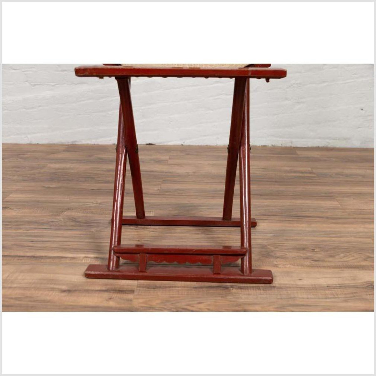Antique Chinese Red Lacquered Folding Traveler&#39;s Chair with Footrest and Fabric-11. Asian &amp; Chinese Furniture, Art, Antiques, Vintage Home Décor for sale at FEA Home