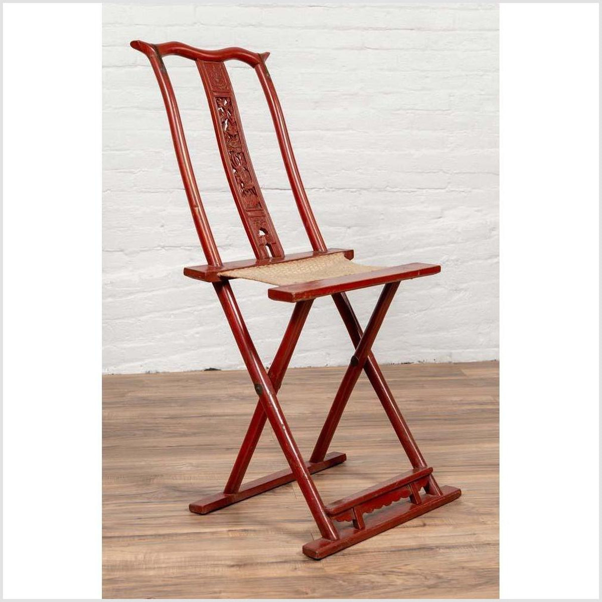 Antique Chinese Red Lacquered Folding Traveler&#39;s Chair with Footrest and Fabric-12. Asian &amp; Chinese Furniture, Art, Antiques, Vintage Home Décor for sale at FEA Home