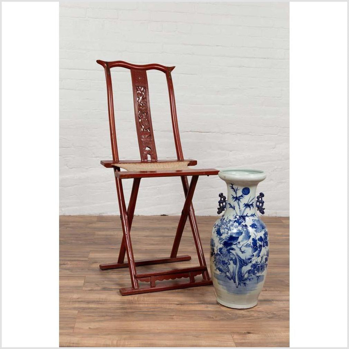Antique Chinese Red Lacquered Folding Traveler&#39;s Chair with Footrest and Fabric-3. Asian &amp; Chinese Furniture, Art, Antiques, Vintage Home Décor for sale at FEA Home