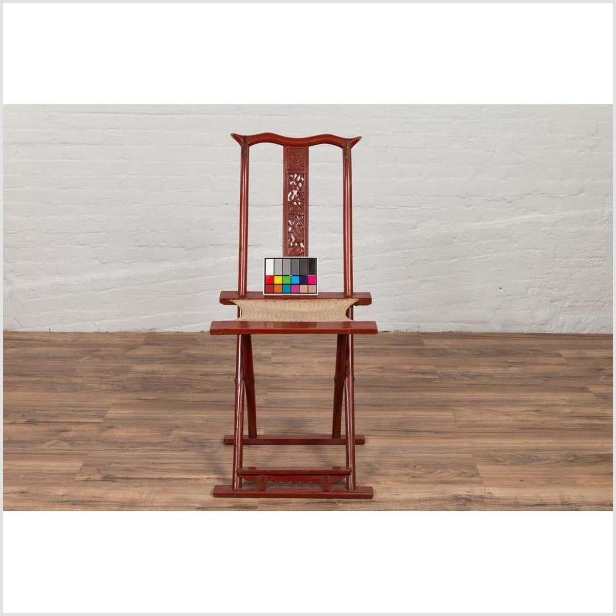 Antique Chinese Red Lacquered Folding Traveler&#39;s Chair with Footrest and Fabric-4. Asian &amp; Chinese Furniture, Art, Antiques, Vintage Home Décor for sale at FEA Home