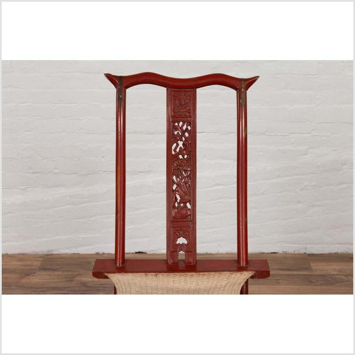 Antique Chinese Red Lacquered Folding Traveler&#39;s Chair with Footrest and Fabric-6. Asian &amp; Chinese Furniture, Art, Antiques, Vintage Home Décor for sale at FEA Home