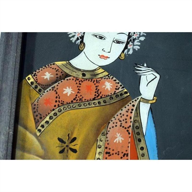 Close-up of woman in colorful traditional attire with floral patterns, inspired by antique Chinese reverse glass painting.
