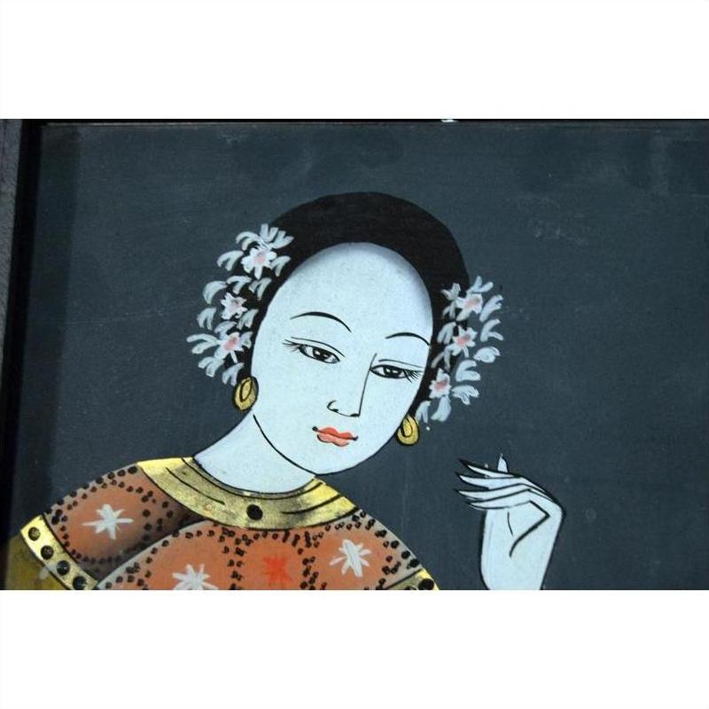 Colorful glass reverse painting of a woman with flowers, gold earrings, and patterned clothing, antique Chinese art.