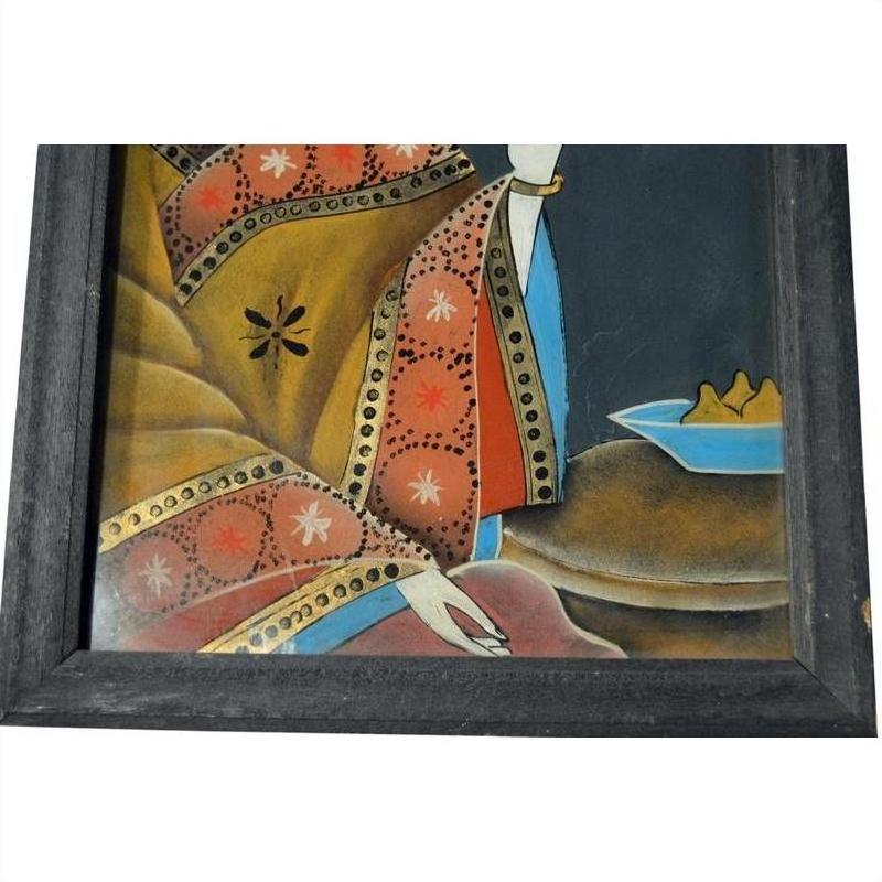 Antique Chinese reverse glass painting, figure in ornate dress by table with blue dish, wood frame, close-up view.