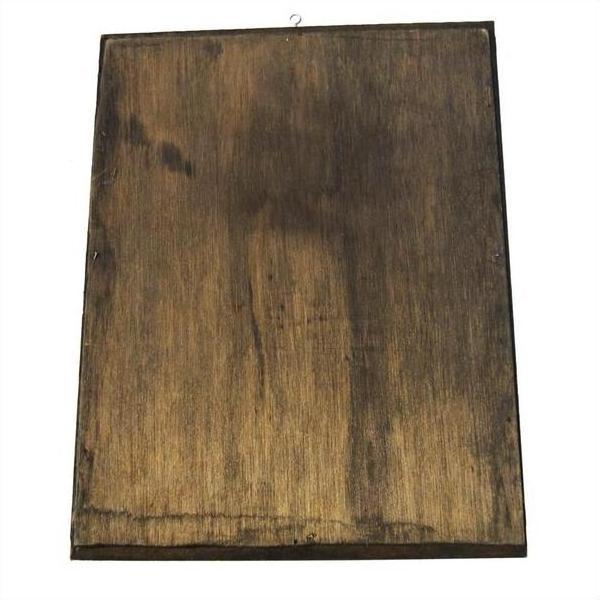 Close-up of a dark, weathered wood rectangle with metal hook, inspired by antique Chinese reverse painting on glass.
