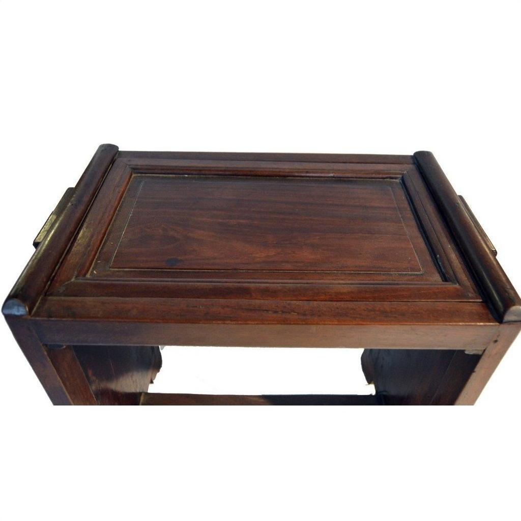Brown rosewood side table with carved edges and raised border, antique style, seen indoors.