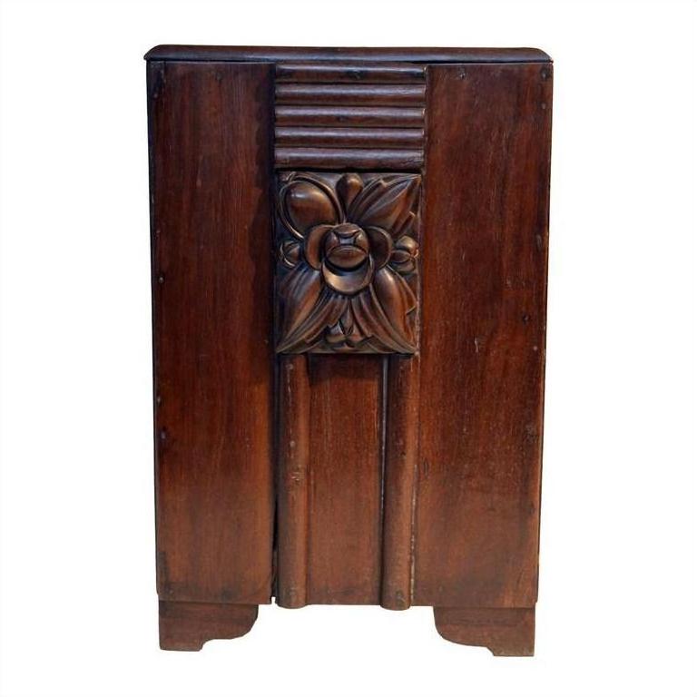 Dark rosewood side table with carved floral patterns and polished finish, antique style.