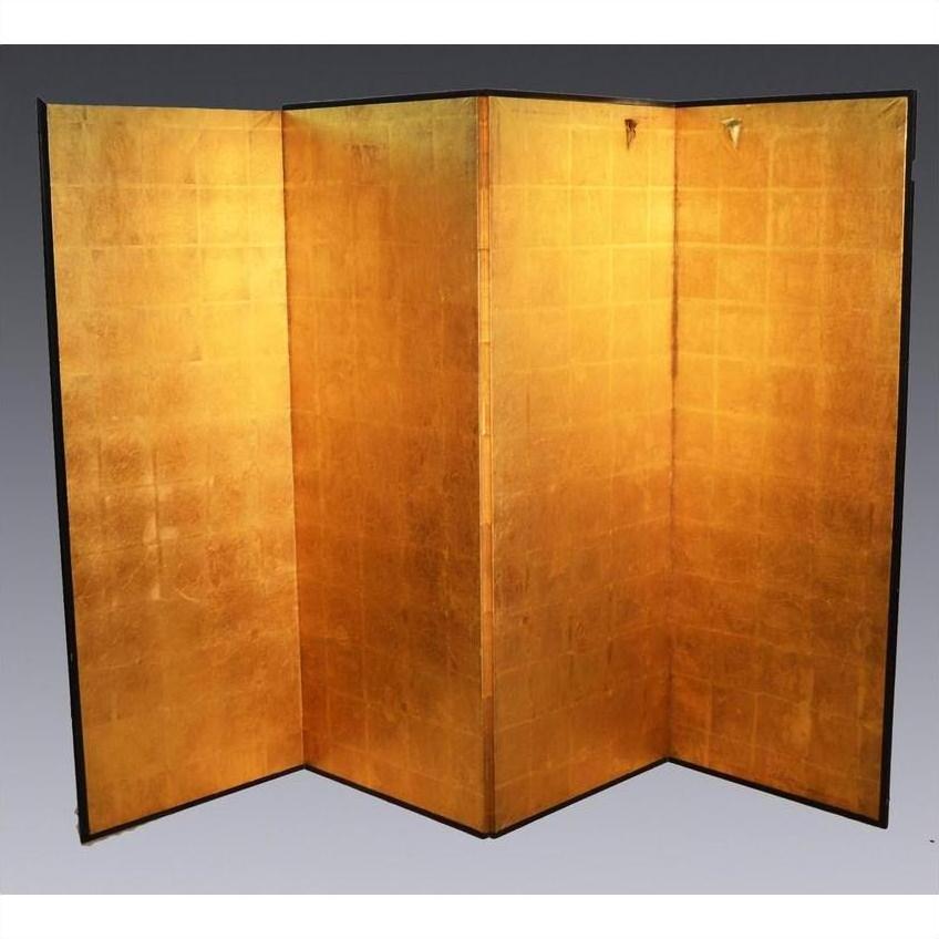 Gold leaf and wood Chinese screen with four panels, each panel hand-stamped with a subtle textured pattern.
