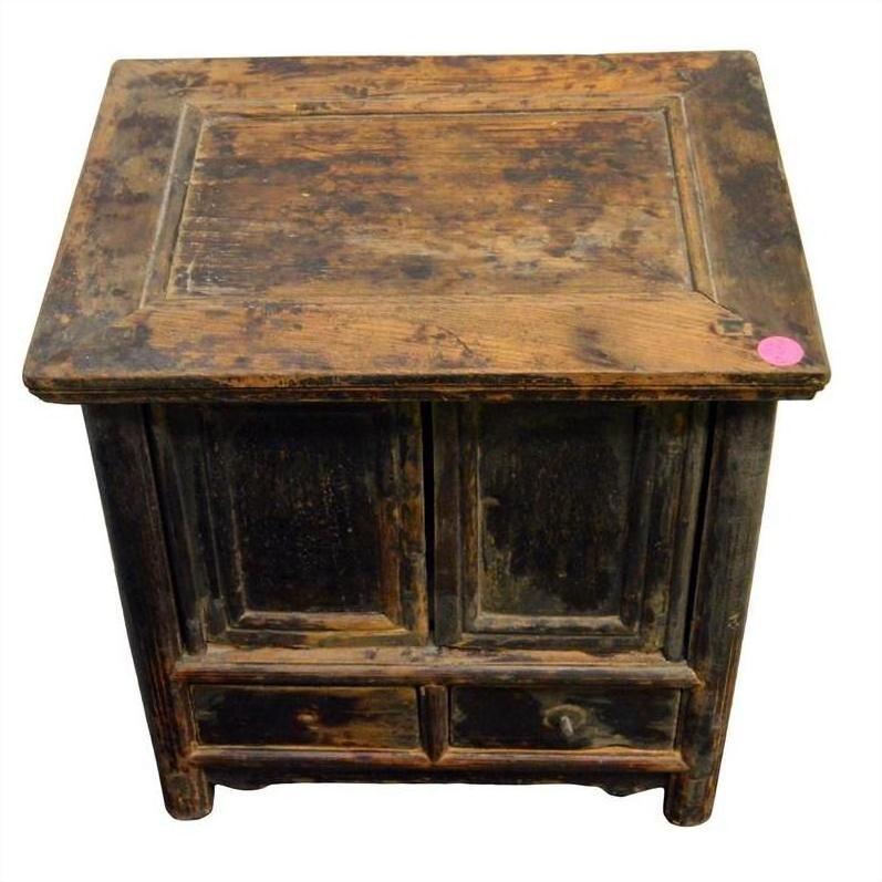 Wooden antique Chinese side cabinet with two doors, one drawer, and a pink sticker on the top right corner.