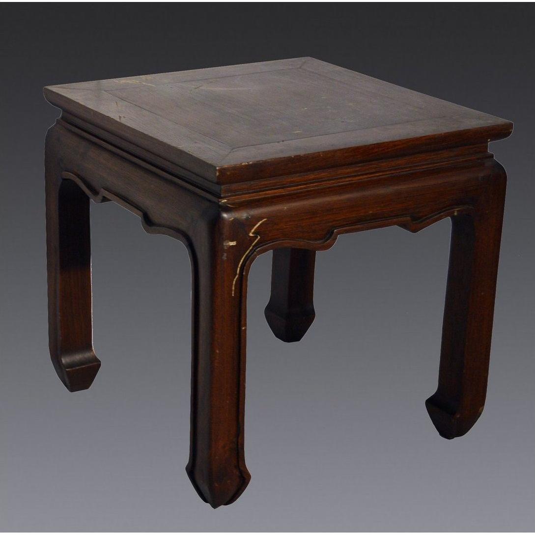 Brown wood Chinese antique square side table with horse hoof legs and beveled top against a gray background.