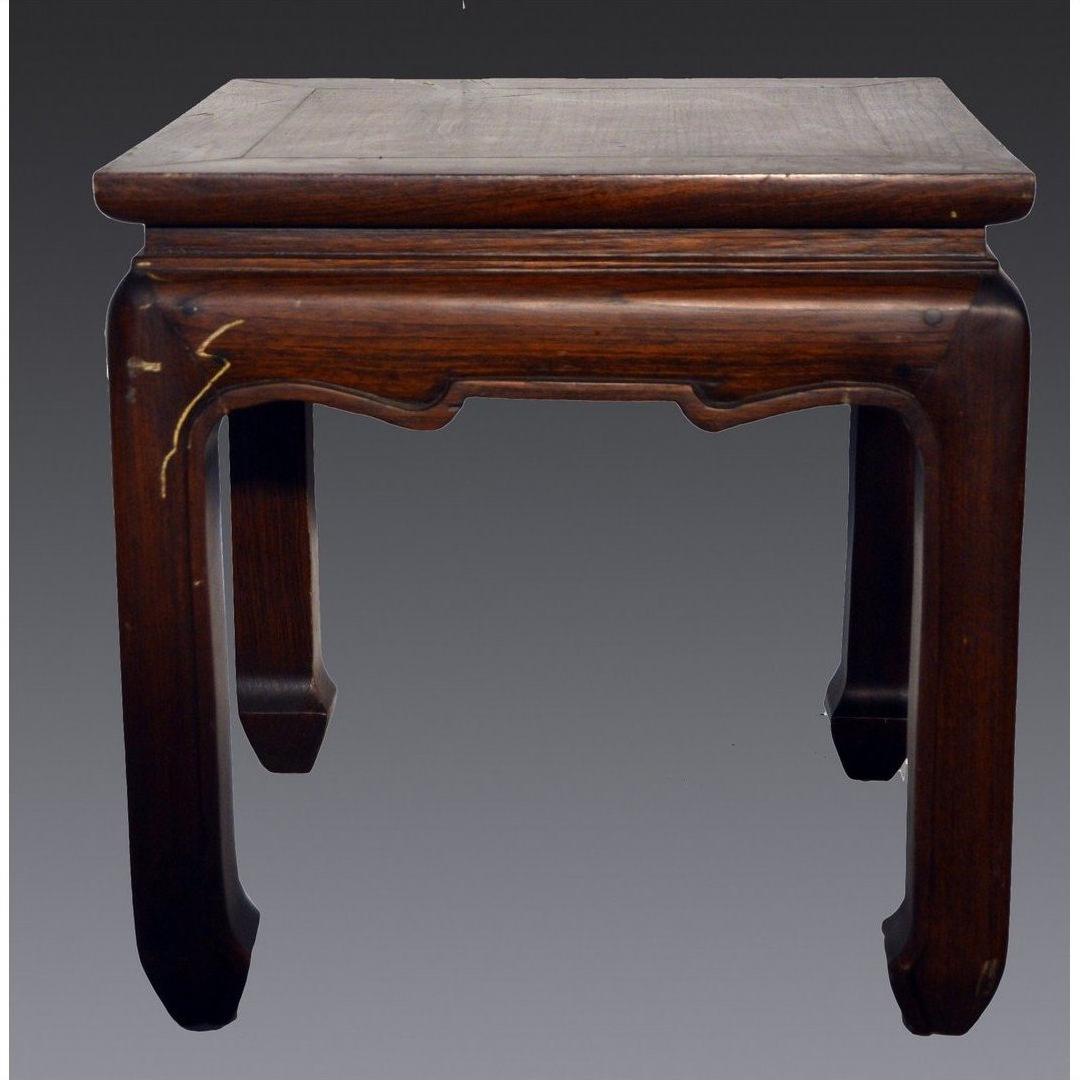 Dark wood Chinese antique square side table with horse hoof legs, small scratch on front left side.